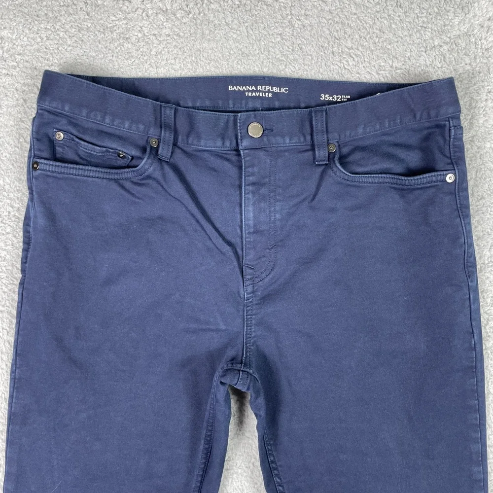 Banana Republic Slim Traveler Pants Mens 35x32 Navy Blue Stretch Preppy Business
